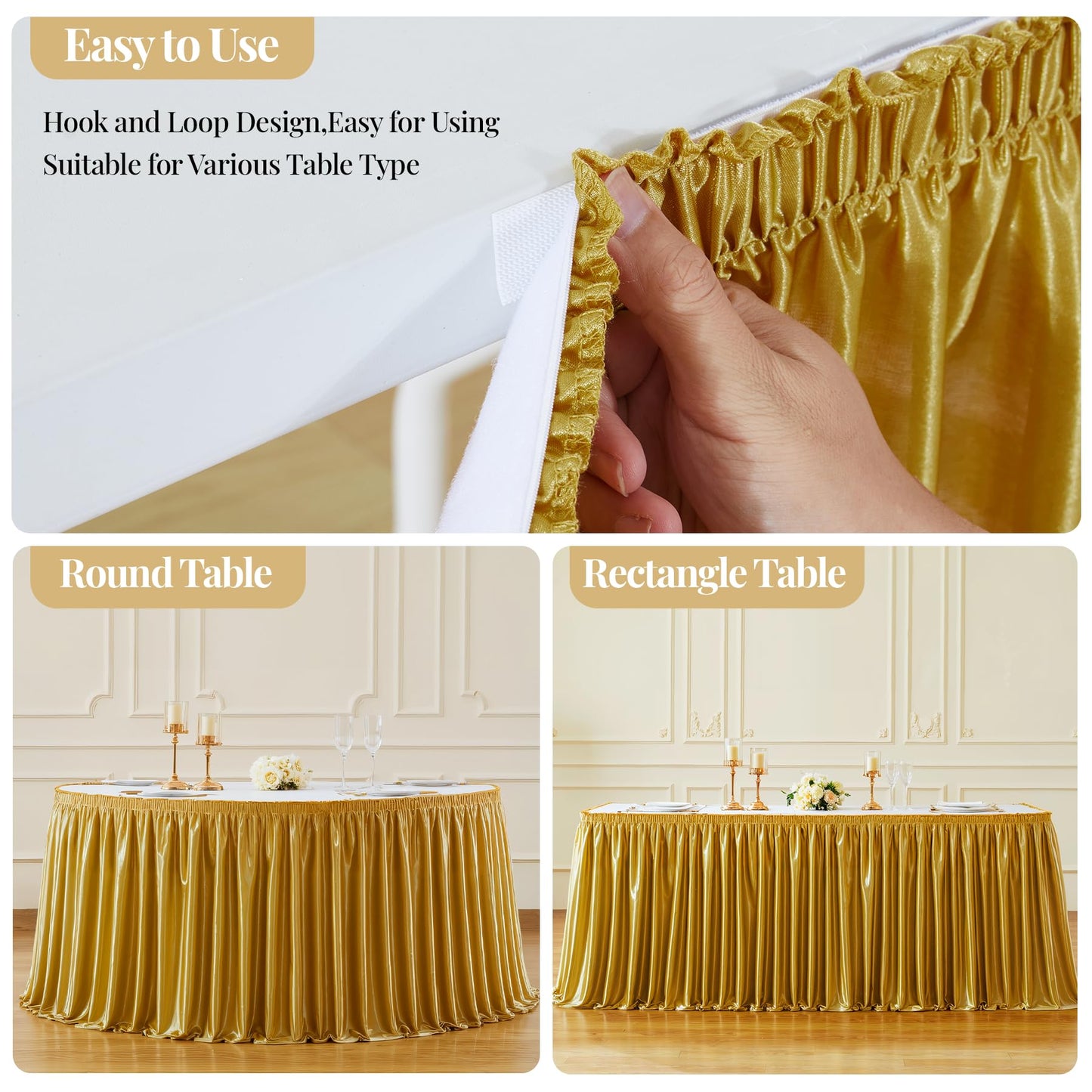 Wish Care 6ft Gold Satin Table Skirt for Rectangle Tables Wrinkle Free Glitter Desk Skirts Pleated Ruffle Table Cloth for Wedding Birthday Graduation Cocktail Party Buffet Display Table Decorations