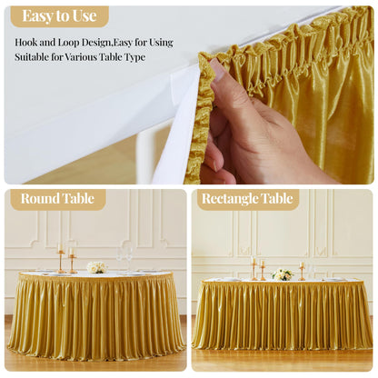 Wish Care 6ft Gold Satin Table Skirt for Rectangle Tables Wrinkle Free Glitter Desk Skirts Pleated Ruffle Table Cloth for Wedding Birthday Graduation Cocktail Party Buffet Display Table Decorations