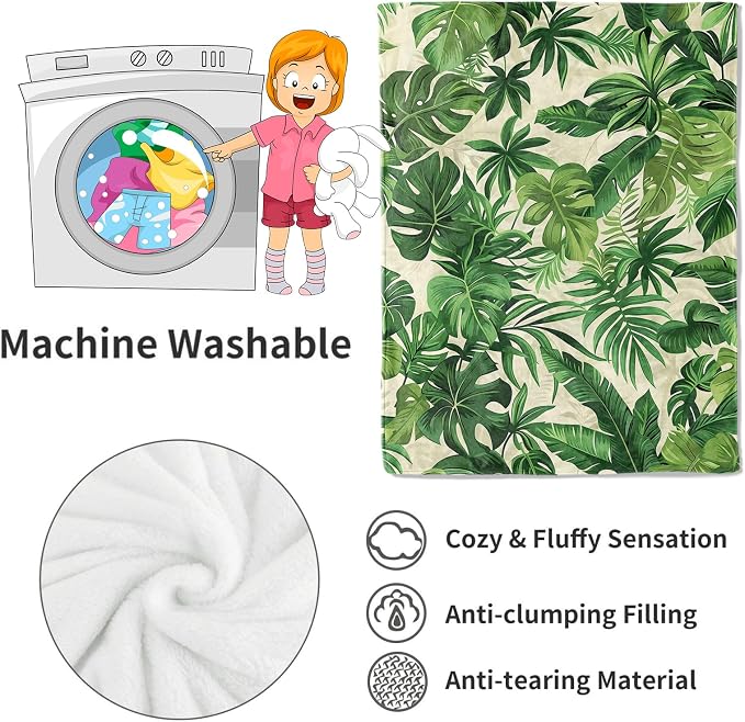 Tropical Green Leaves Blanket Lush Botanical Leaf Throw Blankets with Plant,Birthday Gifts for Girls Women & Nature Lovers,Lightweight Soft Fleece,for Sofa Couch Bed Room Decor 50x60in