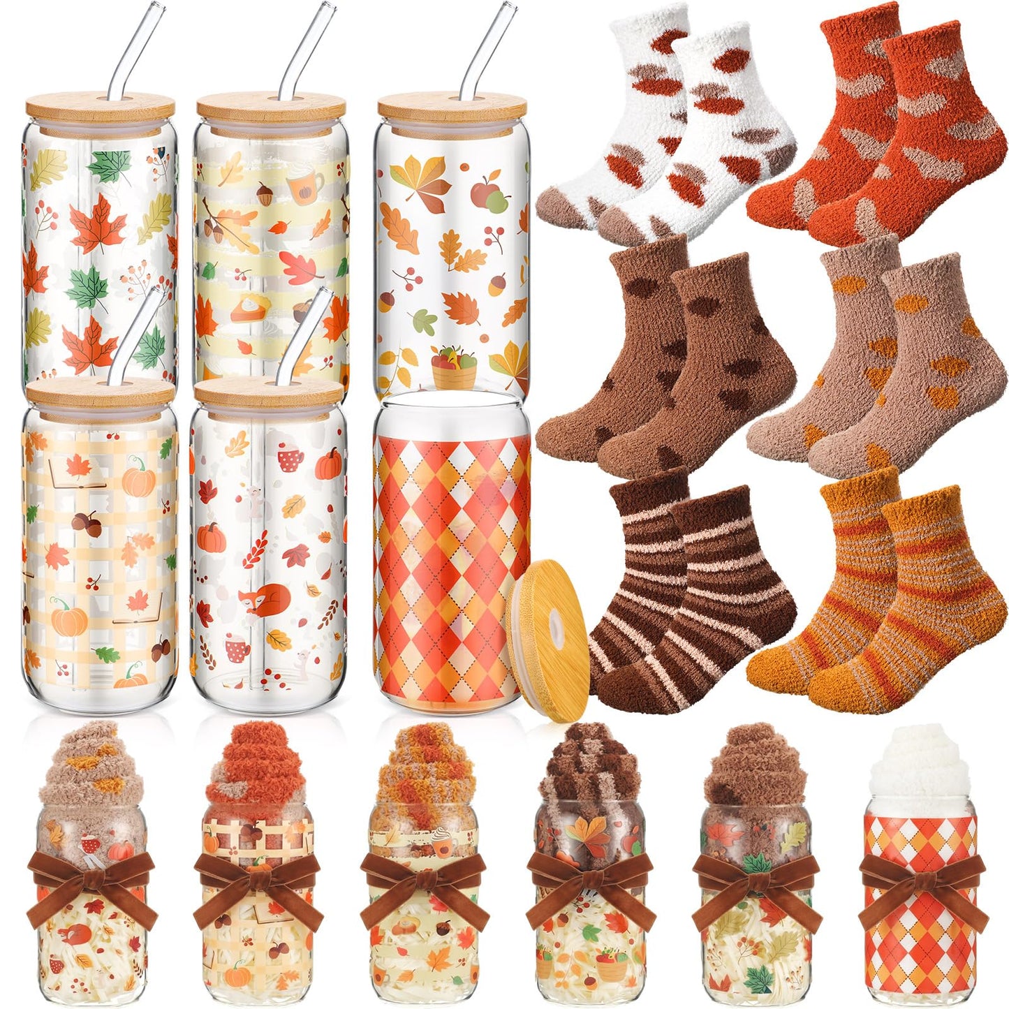 Domensi 6 Sets Fall Gifts Bulk Thanksgiving Appreciation Gift 16oz Autumn Glass Cup with Lid and Straw Plush Socks Raffia Halloween Basket for Women Coworker Friends Employee