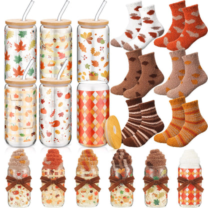Domensi 6 Sets Fall Gifts Bulk Thanksgiving Appreciation Gift 16oz Autumn Glass Cup with Lid and Straw Plush Socks Raffia Halloween Basket for Women Coworker Friends Employee