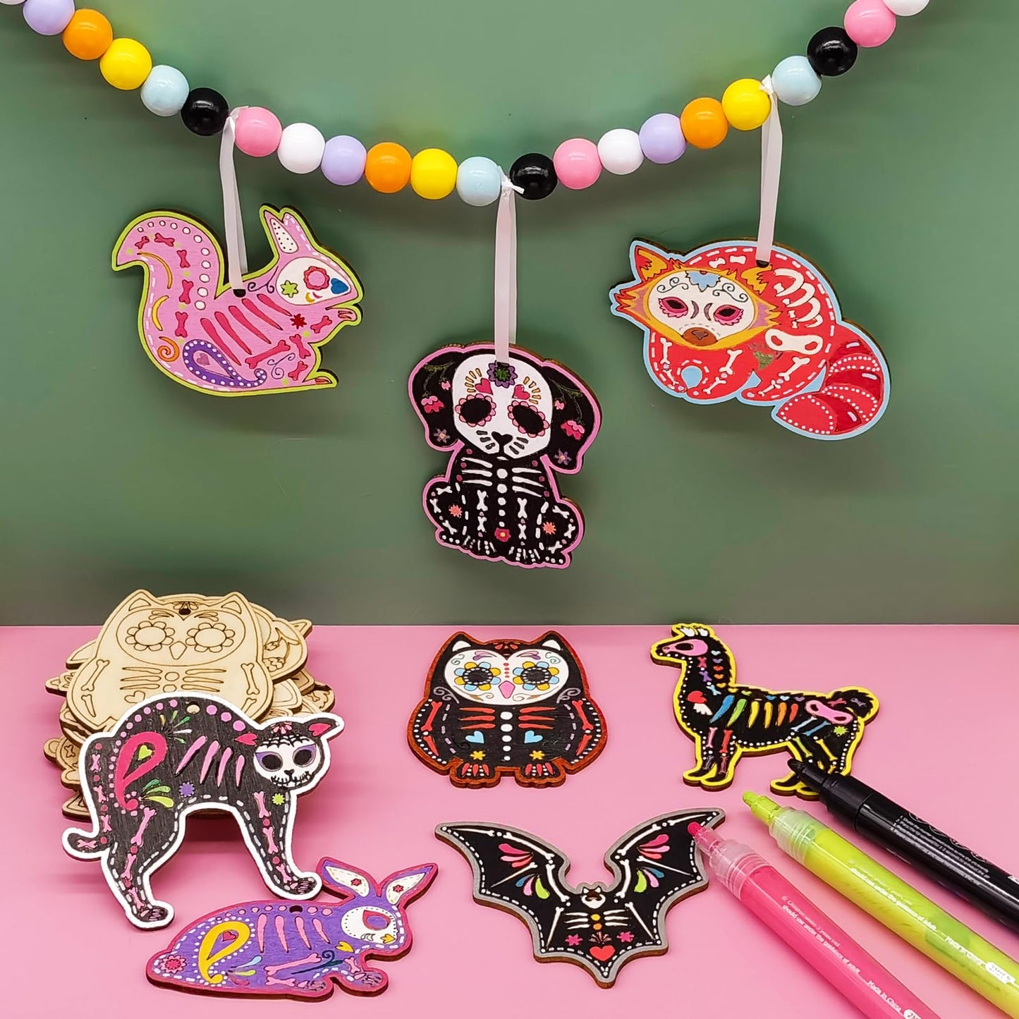 56 Sets Halloween Sugar Skull Crafts Day of Dead Animal Skeleton Unfinished Wooden Ornament DIY Painting Make Your Own Dia De Los Muertos Decorations Mexican Fiesta Blank Cutout Hanging Slices