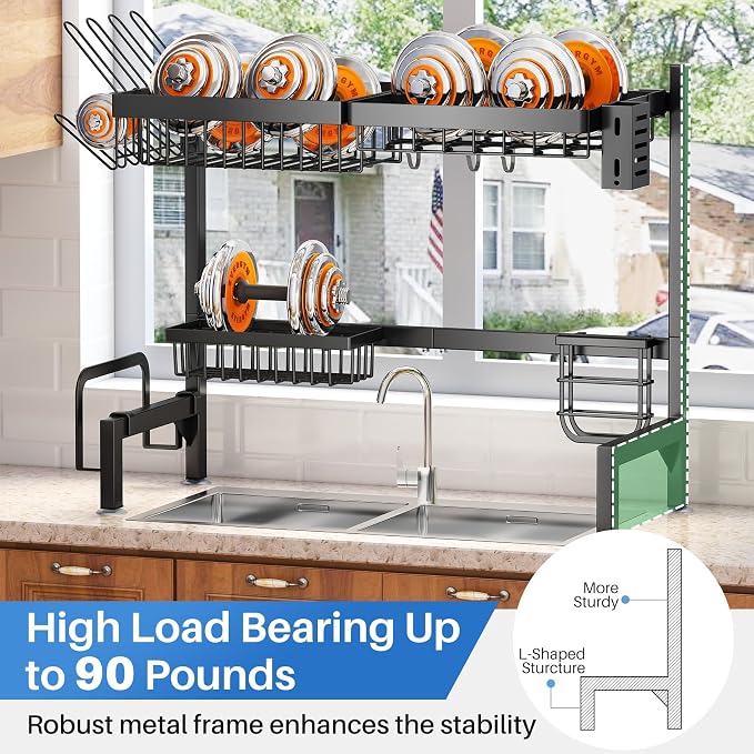 SNTD Over The Sink Large Dish Drying Rack, Metal, 26.8"-34.6", Black | Adjustable Length, Rust-Resistant, Utensil Holder, Cup Holder, Cutting Board Holder, Knife Holder, Sponge Holder and Hooks