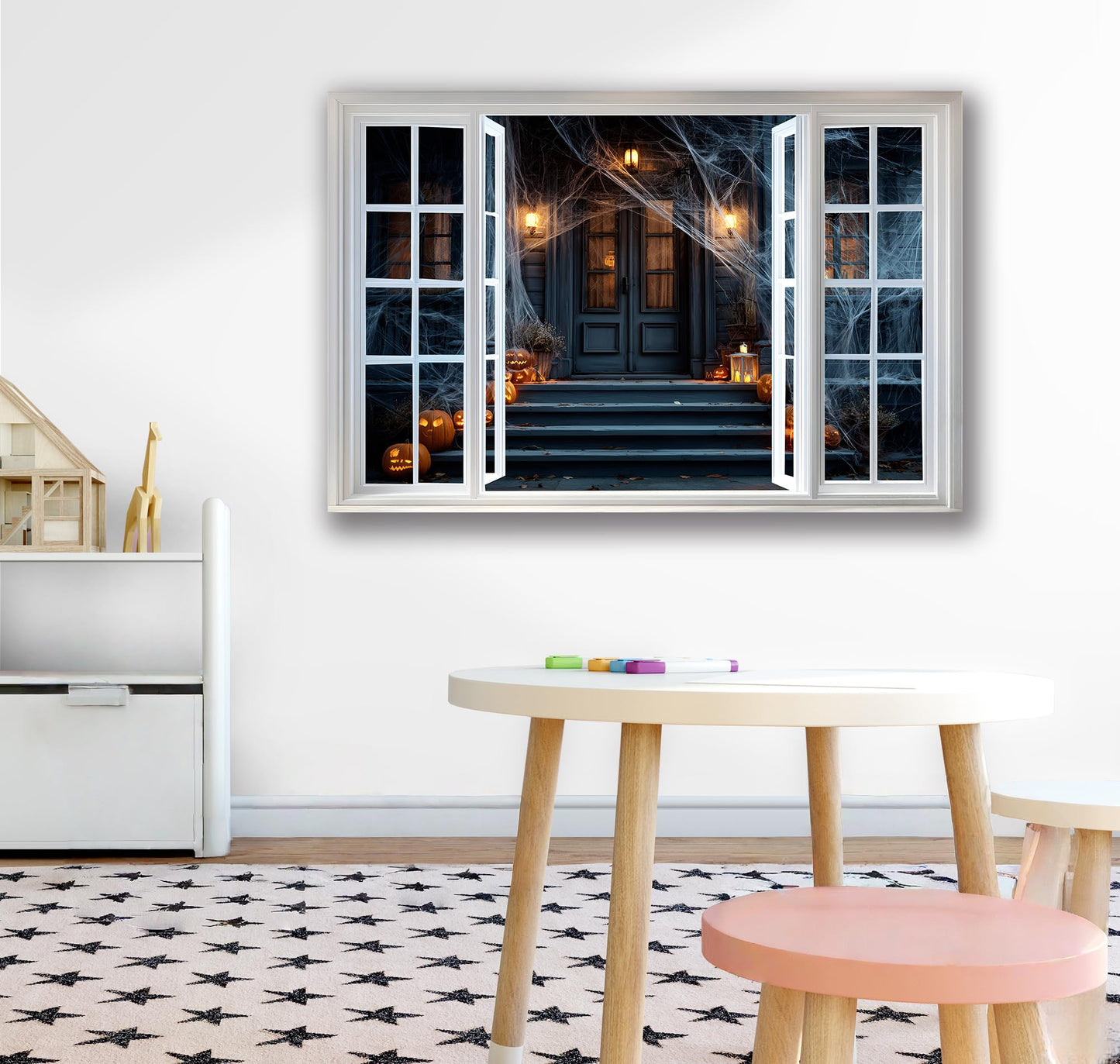 WOOHOOROO Peel and Stick Halloween Fake Window Sticker,Spooky House Scene Wall Decal with Pumpkins and Spider Webs,Removable Self-Adhesive Mural for Home Decor,32" x 48"