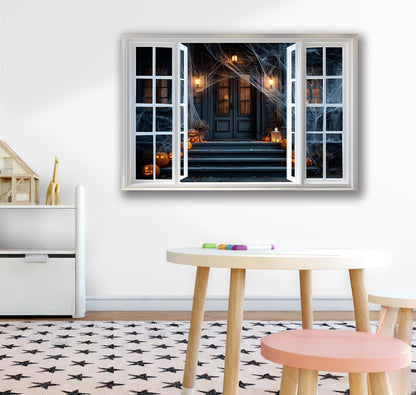 WOOHOOROO Peel and Stick Halloween Fake Window Sticker,Spooky House Scene Wall Decal with Pumpkins and Spider Webs,Removable Self-Adhesive Mural for Home Decor,32" x 48"