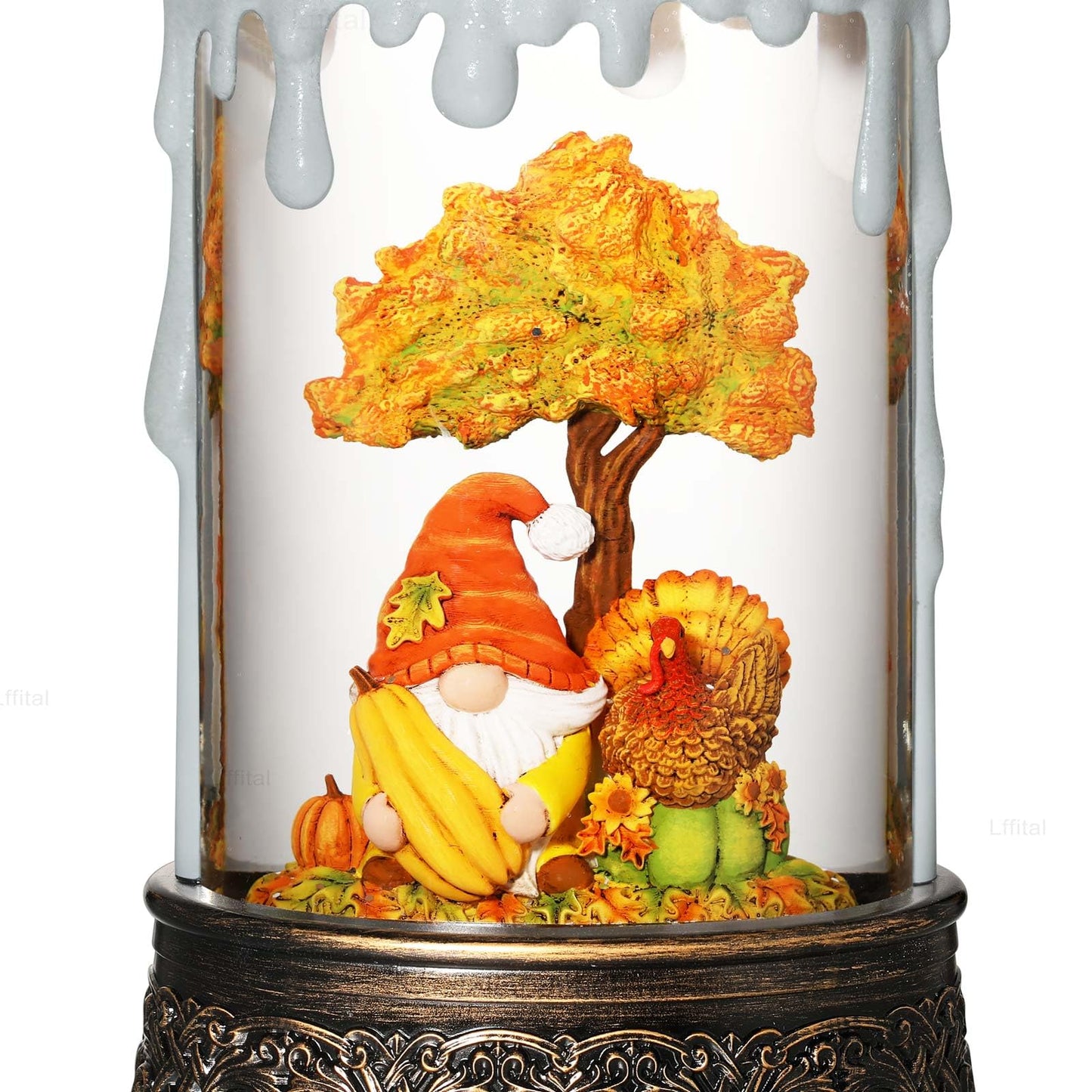Lffital Fall Snow Globe Lantern Fall Decor Candle Shape with Gnome and Turkey, Lighted Thanksgiving Decorations with Timer Swirling Glitter for Tabletop Autumn Festival Harvest Day