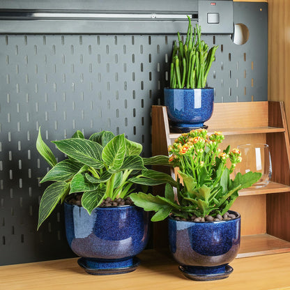 vicrays Ceramic Plant Pots Indoor - 6.8/5.5/4.3 Inch Planter Pot with Drainage Hole and Saucer for Succulent Orchid Flower Herbs Cactus - Gardening Home Desktop Office Decor – Set of 3 Blue