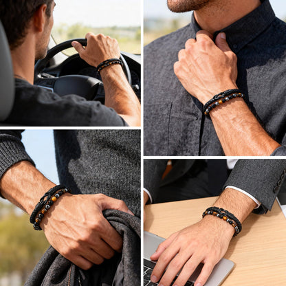 Crystal Infinity Cuff Bracelet Gifts for Men Him-Triple Protection Hematite Black Obsidian Tiger Eye Gemstone Beaded Leather Cuff Bracelets Lettering Love You Forever Healing Gifts for Husband Father's Day