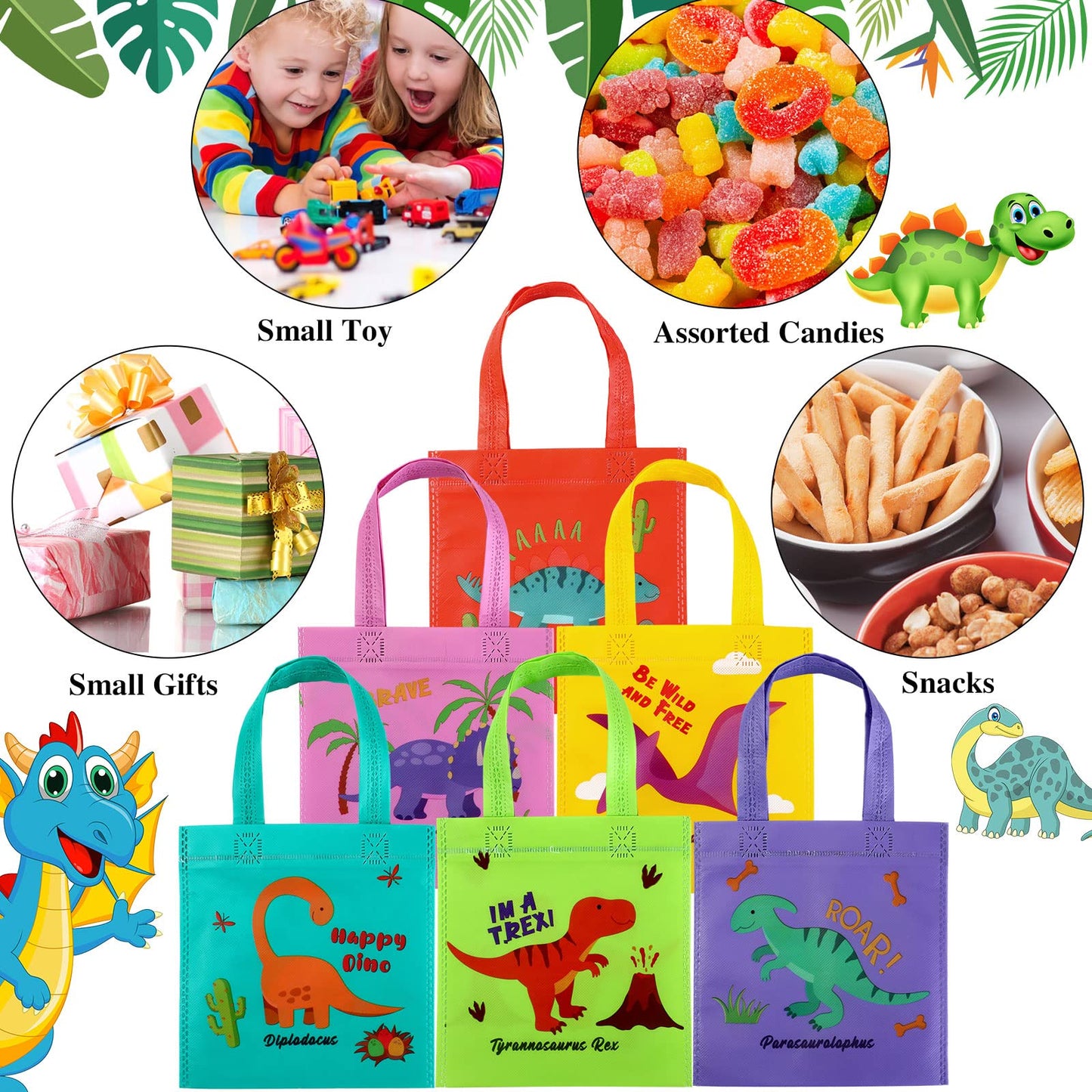 Tallew 24 Pieces Dinosaur Party Favor Bags Dinosaur Birthday Party Supplies Dino Goodie Treat Candy Gift Bags Non Woven with Handles Reusable for Birthday Decorations