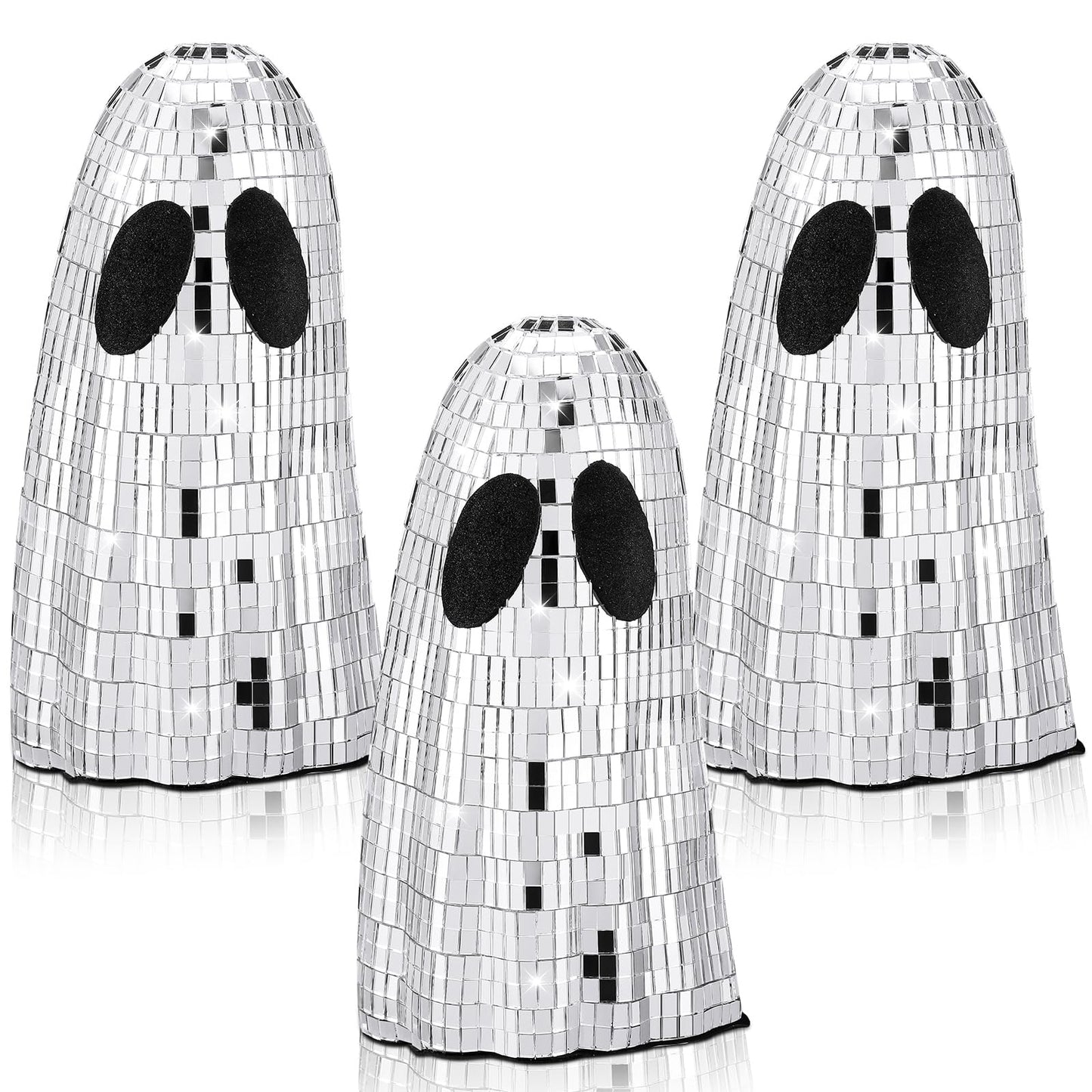 Gemscream 3 Pcs Halloween Disco Ghost Decor 5.9 Inch Silver Mirror Disco Balls Table Decoration Silver Glitter Spooky Ghost Sign Halloween Tiered Tray Decor Mosaic Table Centerpiece for Party Gift
