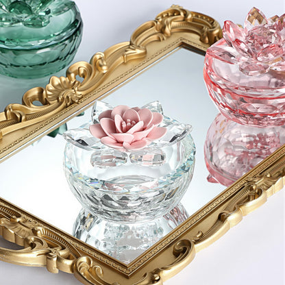 Dounx Crystal Jewelry Box, Small Glass Trinket Jar with Lid, Clear Lotus Flower Storage Holder for Women, Elegant Organizer Dish for Ring, Earrings, Necklace, Gift (Full pink)