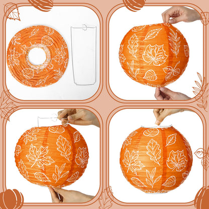 Bencailor 16 Pcs Thanksgiving Paper Lanterns Fall Party Paper Lanterns Dark Orange Pumpkin Round Thankful Maple Leaves Hanging Party Decorations for Autumn Harvest Outdoor Decor