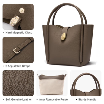 hedexe Leather Bucket Bags for Women: Designer Genuine Leather Tote Shoulder Purse - Fashion Ladies Satchel Handbag (Grey)