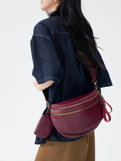 Woven Bum Bags for Women Vegan Leather Crossbody Bag with Coin Purse, Trendy Fanny Packs with Adjustable Wide Strap, Spacious Sling Shoulder Purse for Trave