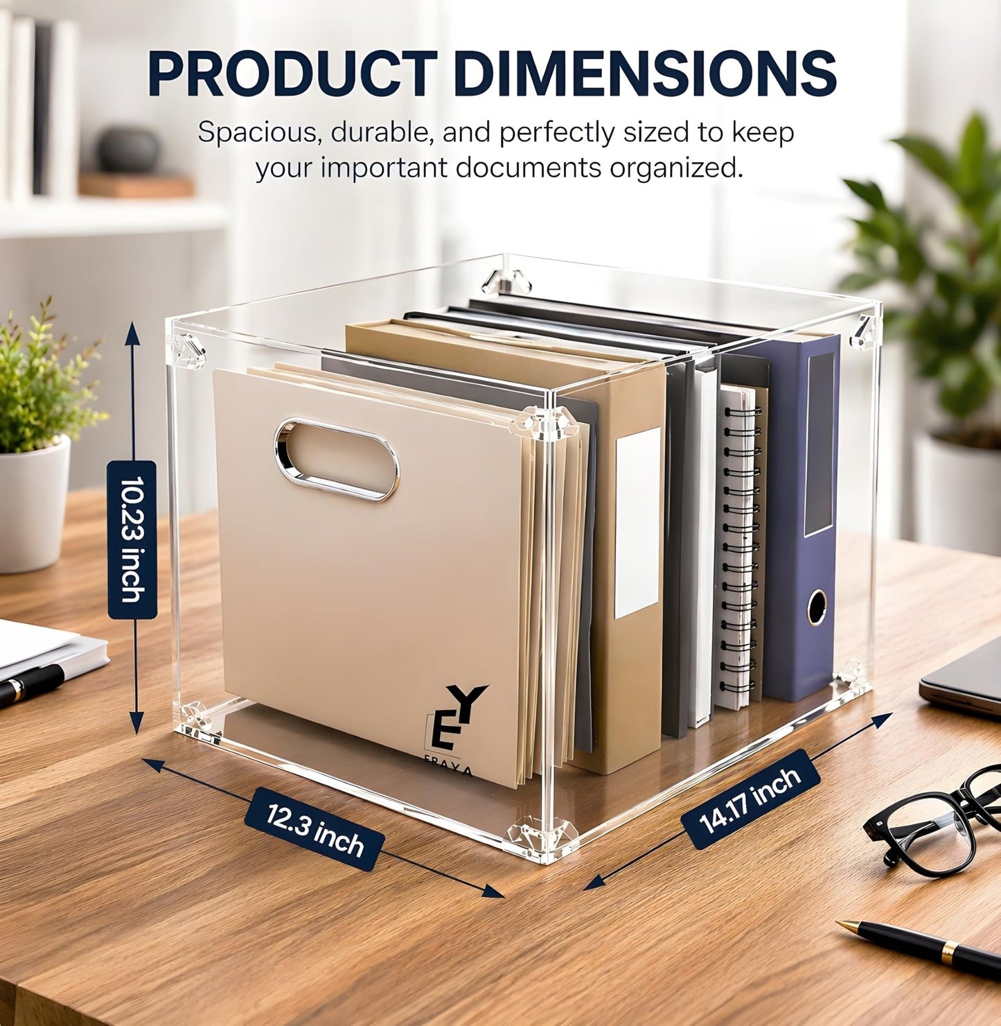 ERAYA Clear Acrylic File Organizer with Handles, Portable Hanging File Box for Letter/A4 Documents 8.5"x11", Sleek Desktop Storage for Office, Home, Study, Magazines, Notebooks, and School Supplies