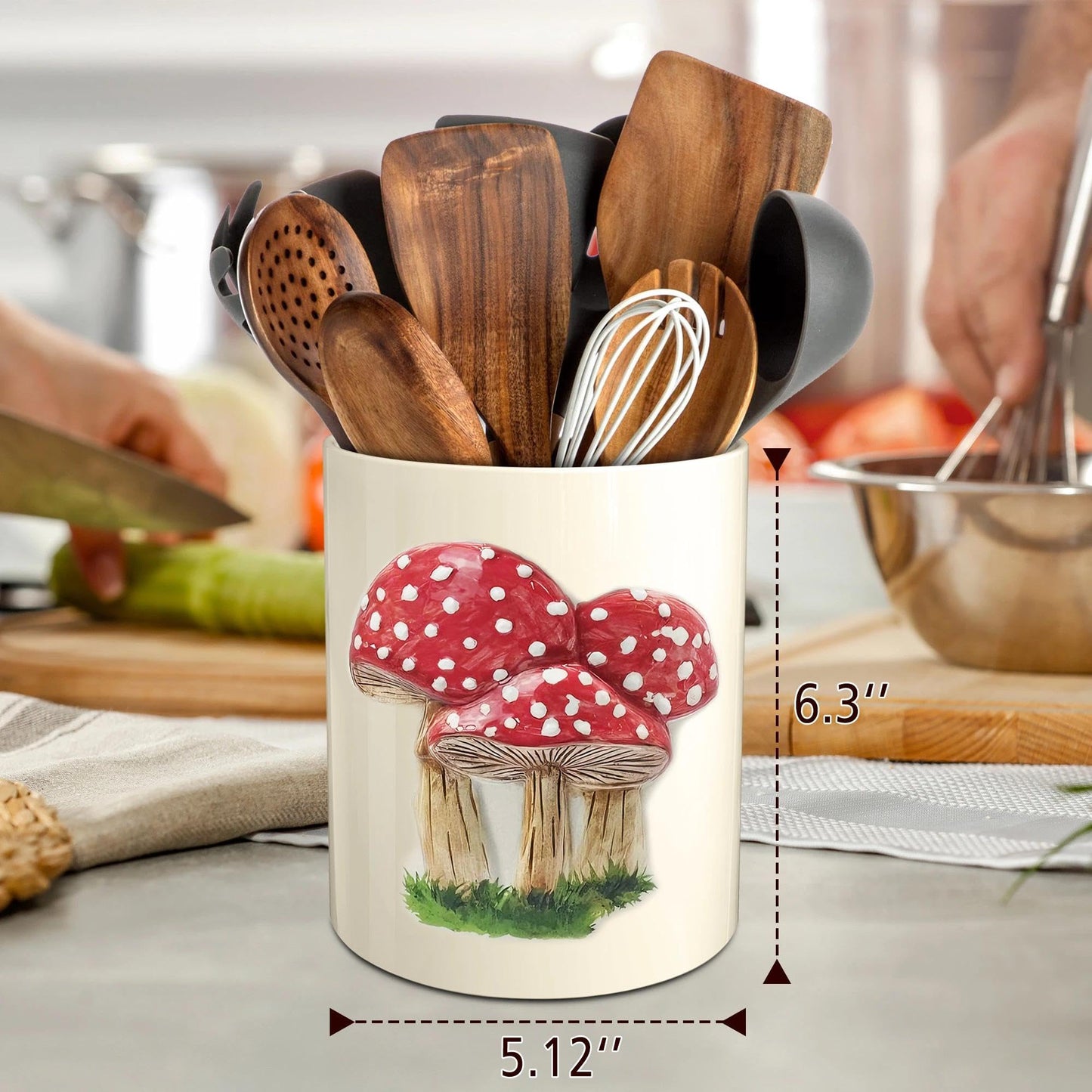 Hexagram Mushroom Decor Utensil Holder, Mushroom Kitchen Decor Embossed Ceramic Utensil Holder for Farmhouse Indoor Kitchen Decorations Rustic Farmhouse