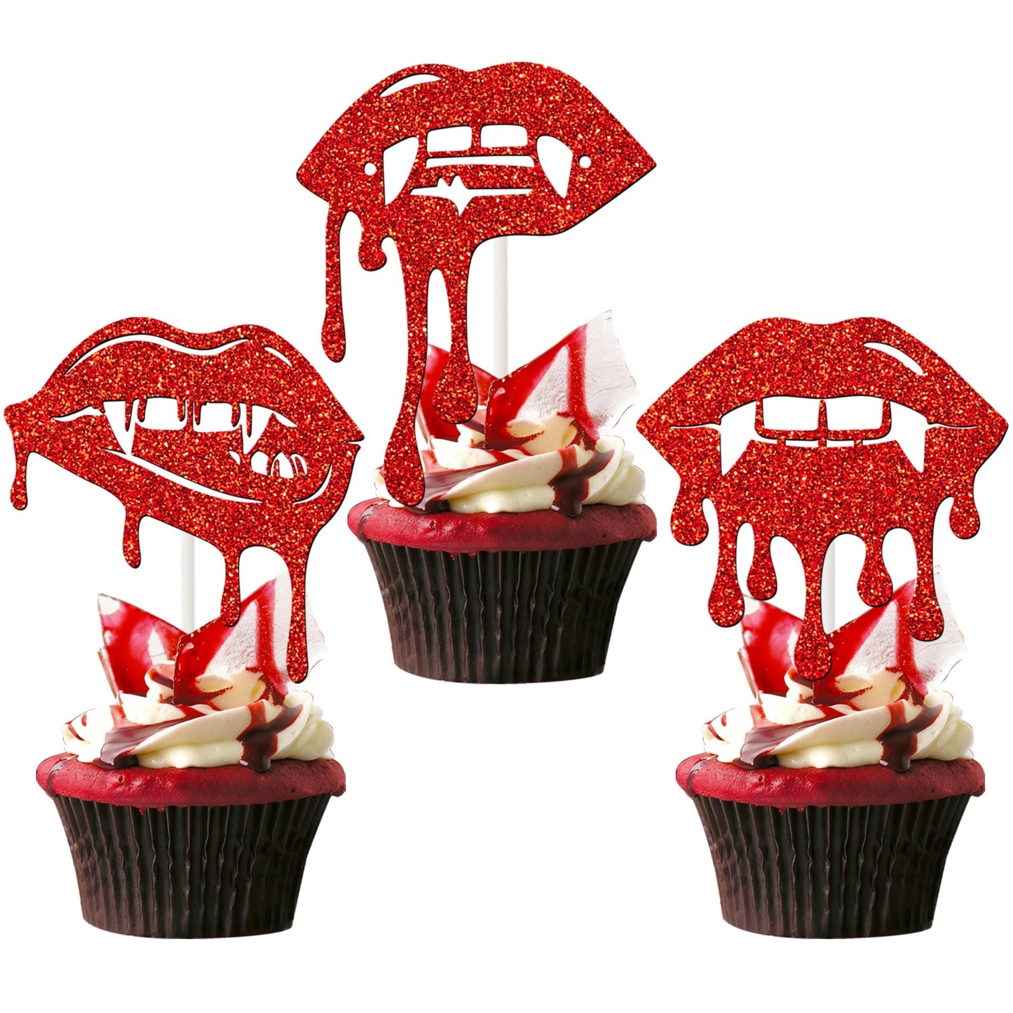 Halloween Vampire Cupcake Topper Red Have a Bite Cake Decorations 24PCS Double Sided Glitter Zombie Vampire Party Decorations Horror Theme Cake Picks for Halloween Birthday Party Supplies