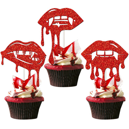 Halloween Vampire Cupcake Topper Red Have a Bite Cake Decorations 24PCS Double Sided Glitter Zombie Vampire Party Decorations Horror Theme Cake Picks for Halloween Birthday Party Supplies