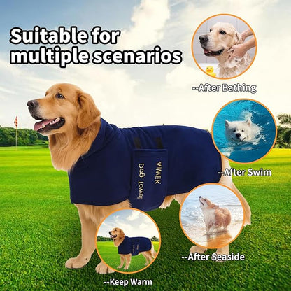 Dog Towel Dog Bathrobe, Microfiber Super Absorbent Pet Bathrobe, Quick Drying Robe for Dogs and Cats After Bath, Adjustable Collar & Belly Strap, Blue, XL