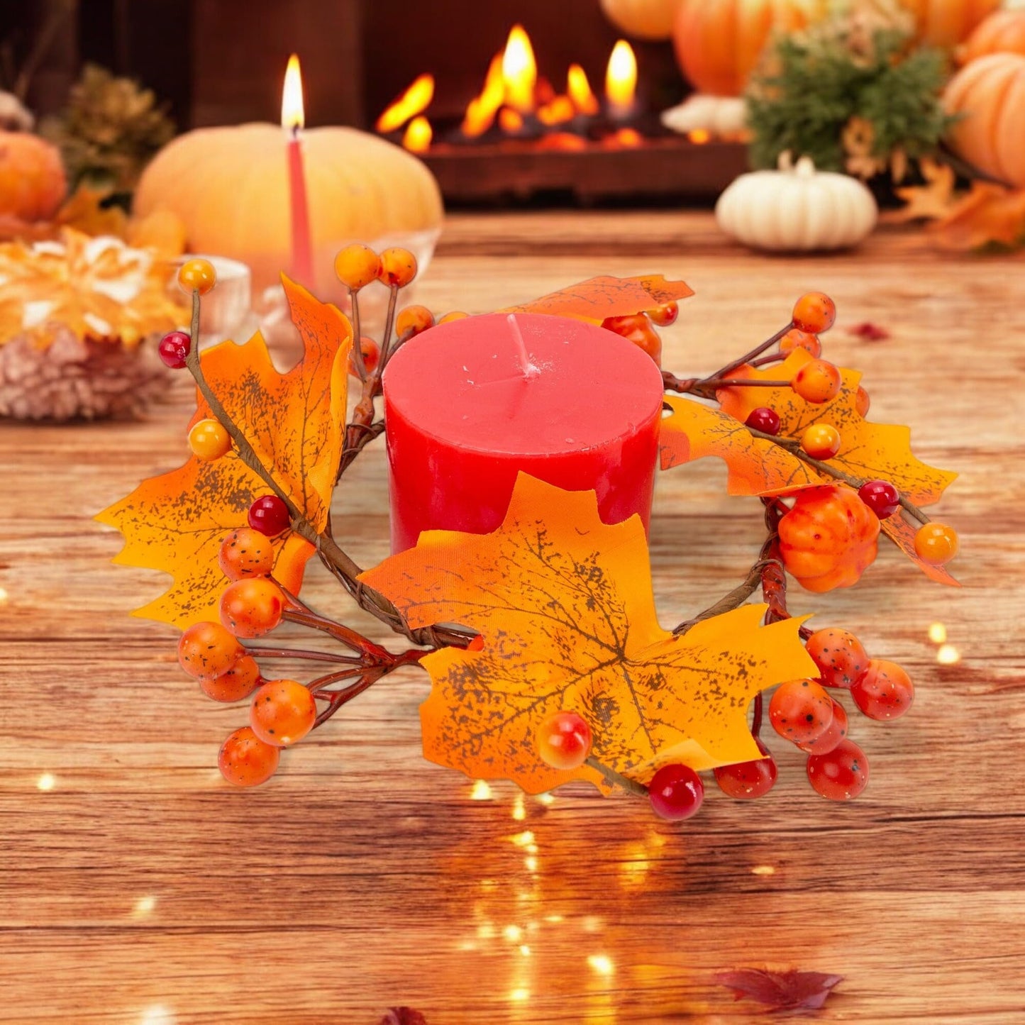 5Pcs Fall Mini Wreath 4.7 Inch/12cm Taper Candle Rings Artificial Pumpkin Maple Leaf Holder with Berries Christmas Autumn Harvest Wreaths for Pillar Halloween Thanksgiving Wedding Table Home Decor