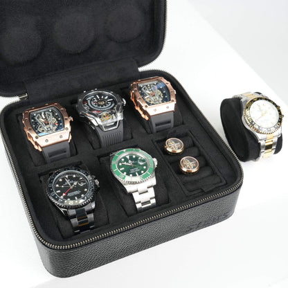 SYENS Real Genuine Leather Watch Travel Case 6 Watches Box, Suitable for all Watches and Smartwatches under 60mm Storage Organizer for Man and Women (6W-Z-BBL)