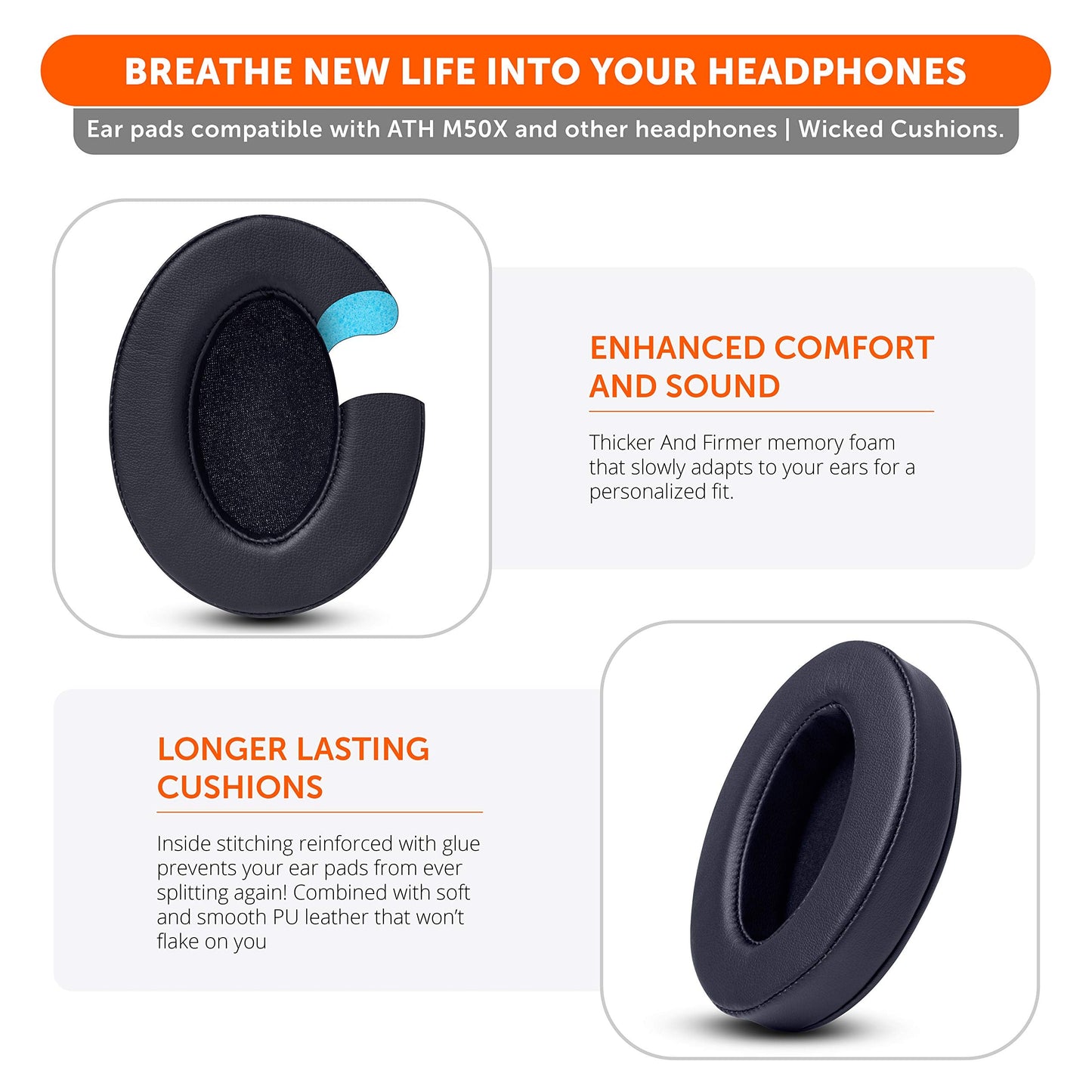 WC Wicked Cushions PadZ - Thick & Soft Ear Pads for ATH M50X / M40X / SteelSeries Arctis/HyperX Cloud & Alpha/Logitech G Pro X/Compatible with Over 50 Headphones | Black