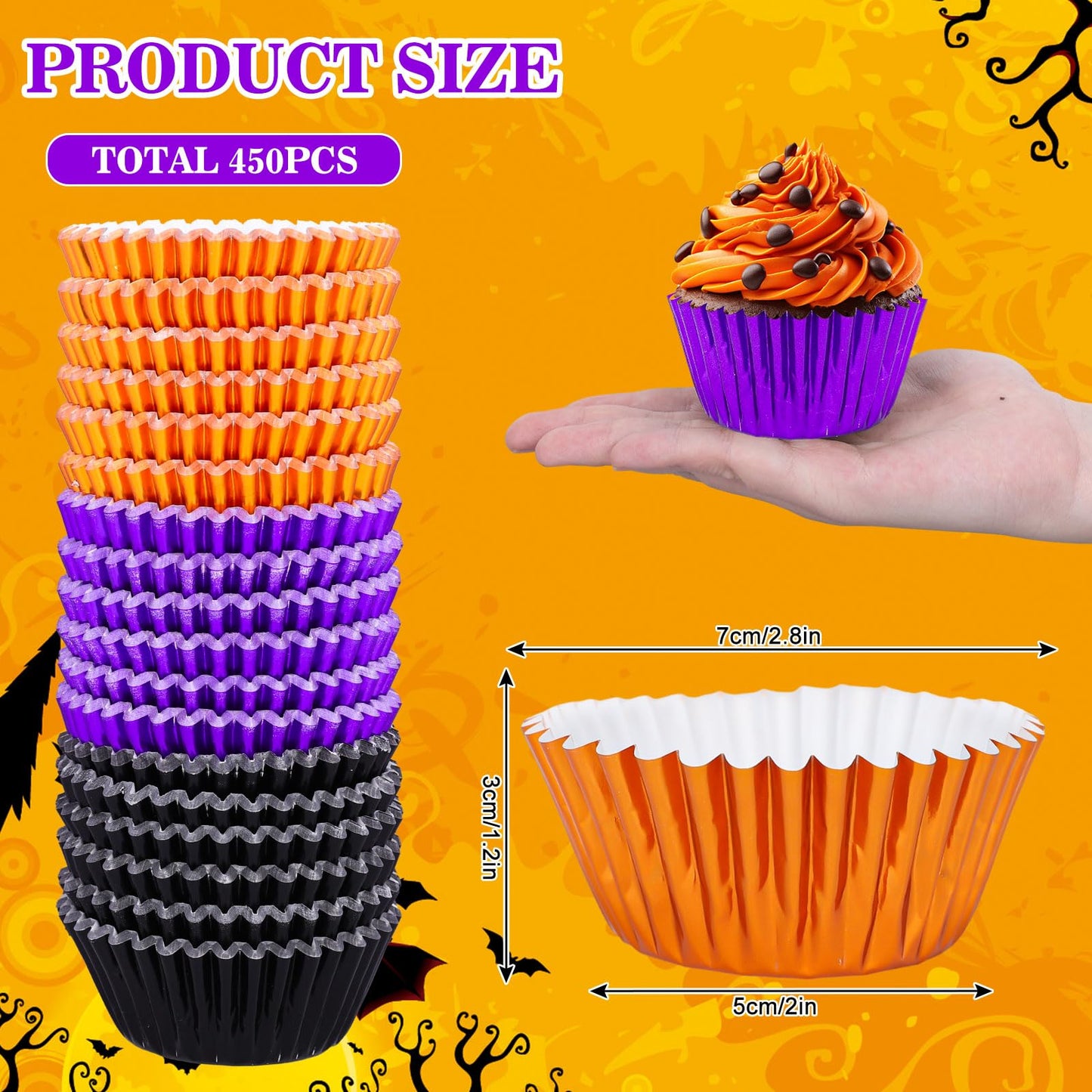Whaline 450Pcs Halloween Foil Cupcake Liners Black Purple Orange Baking Cups Foil Metallic Cupcake Wrappers Muffin Liners for Holiday Party Supplies