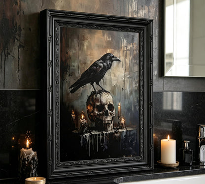Gothic Crow & Skull Wall Art, Dark Academia Raven Perched on Skull Framed Canvas Wall Decor, Macabre Halloween Art for Home, Living Room, Bedroom, 9x11 Inch