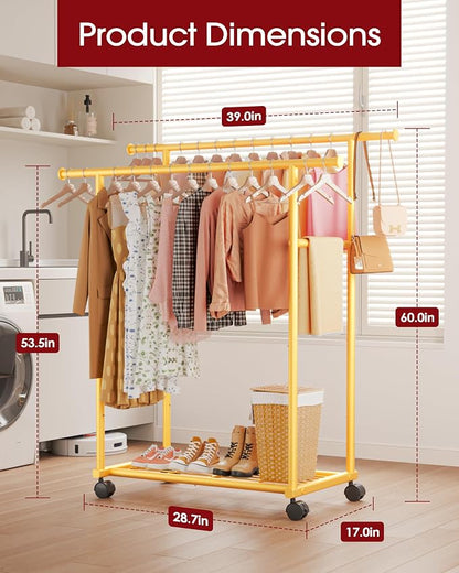 Sakugi Double Rods Clothes Rack - Metal Clothing Rack with Fixed Double Rods, Rolling Wheels & Built-In Shelf for Closet, Bedroom, Laundry Storage (39" x 17" x 60", Gold)