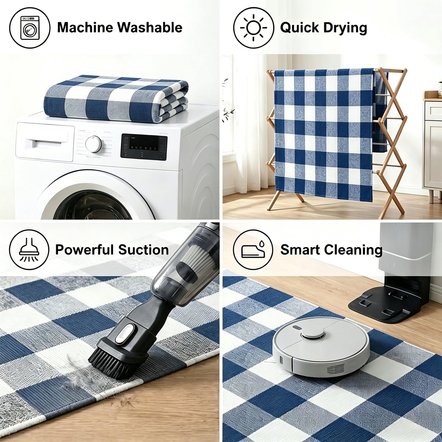MUBIN Cotton Buffalo Plaid Rug, 4' x 6' Navy Blue White Outdoor Rug Decorative Mat, Washable Large Doormat Hand-Woven Foldable Area Rug for Outdoor Patio Indoor Living Room Dining Room Kitchen