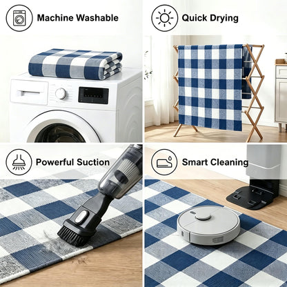 MUBIN Cotton Buffalo Plaid Rug, 4' x 6' Navy Blue White Outdoor Rug Decorative Mat, Washable Large Doormat Hand-Woven Foldable Area Rug for Outdoor Patio Indoor Living Room Dining Room Kitchen