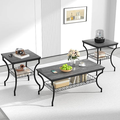 VECELO 3 Pieces Living Room Table Sets, Coffee and End Tables with Open Storage Shelves for Apartment, Home Office, Small Space, Easy Assembly, Dark Grey