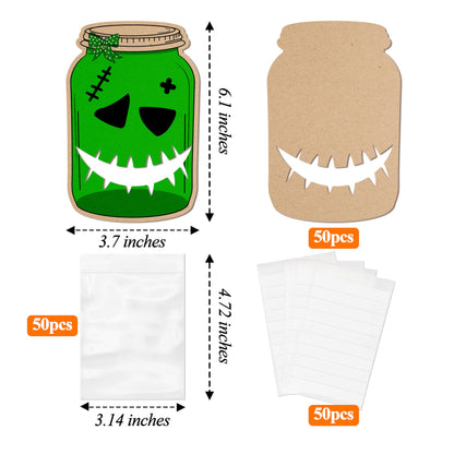 SHIEL-EVEN 50 Pack Halloween Mason Jar Candy Cards for Kids Classroom - School DIY Trick or Treat Bags, Halloween Candy Cards with Clear Bags, Holiday Gifts for Classroom Kids