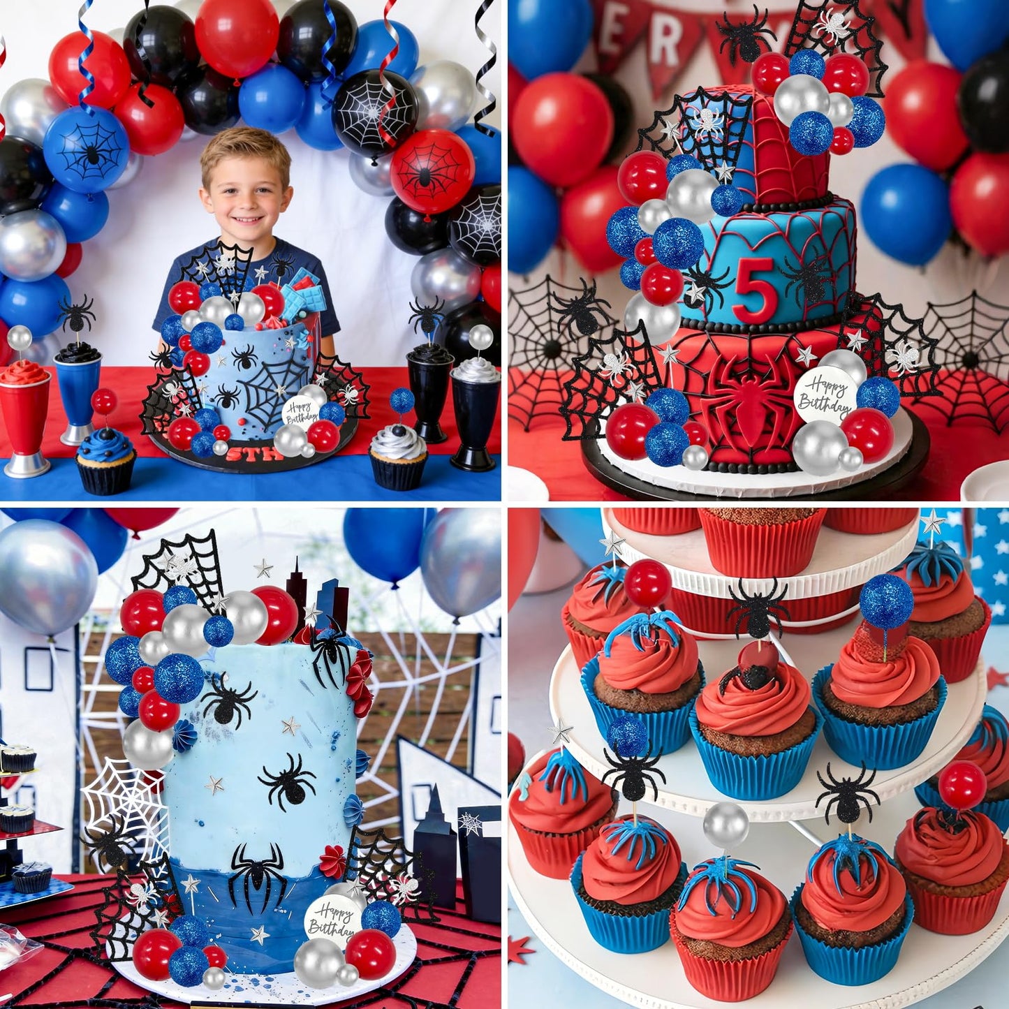 ZWLIYCHN Spider Cake Topper 39Pc Spider Web Cake Decorations Spiders Themed Birthday Cake Topper Spiders Cupcake Picks with Star Red Silver Blue Balls Cake Decors for Halloween Boys Men Birthday Party