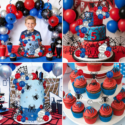 ZWLIYCHN Spider Cake Topper 39Pc Spider Web Cake Decorations Spiders Themed Birthday Cake Topper Spiders Cupcake Picks with Star Red Silver Blue Balls Cake Decors for Halloween Boys Men Birthday Party