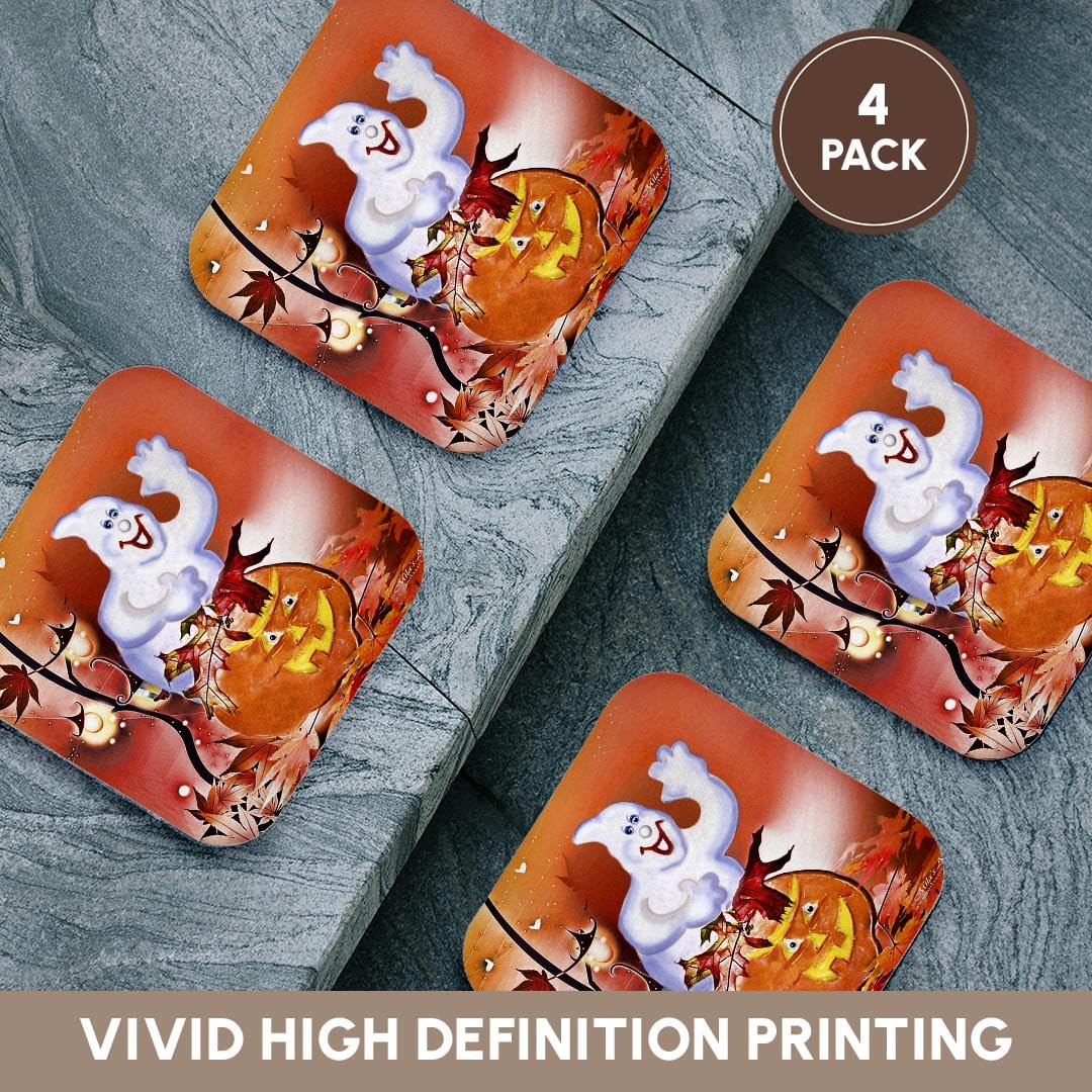 3dRose CST_4421_1 Halloween Ghost and Pumpkin Soft Coasters, Set of 4