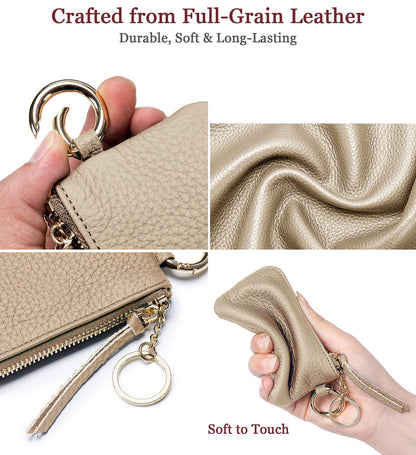 LnxLtw Travel-Friendly Leather Coin Purse for Women – Mini Zipper Wallet with Wrist Strap & Keychain, Compact Change Holder & Small Coin Pouch with Gift Box (Gray)