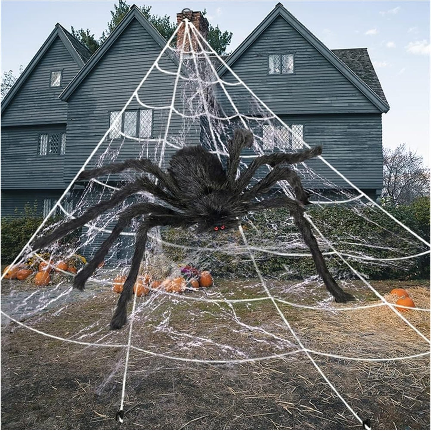 Poevic 6.56 Ft. Scary Giant Spider Decorations Halloween Outdoor 16.4Ft.Stretch Cobweb Decoration Fake Large Props for Yard Lawn Home Costumes Party Haunted House Décor (Giant Spider and Web)