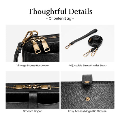 befen Genuine Leather Wristlet Wallets for Women, Black Cell Phone Purse with Built in Wallet Soft Real Leather Crossbody Bag with RFID Blocking Travel Small Cluth Purse with Wrist and Crossbody Strap
