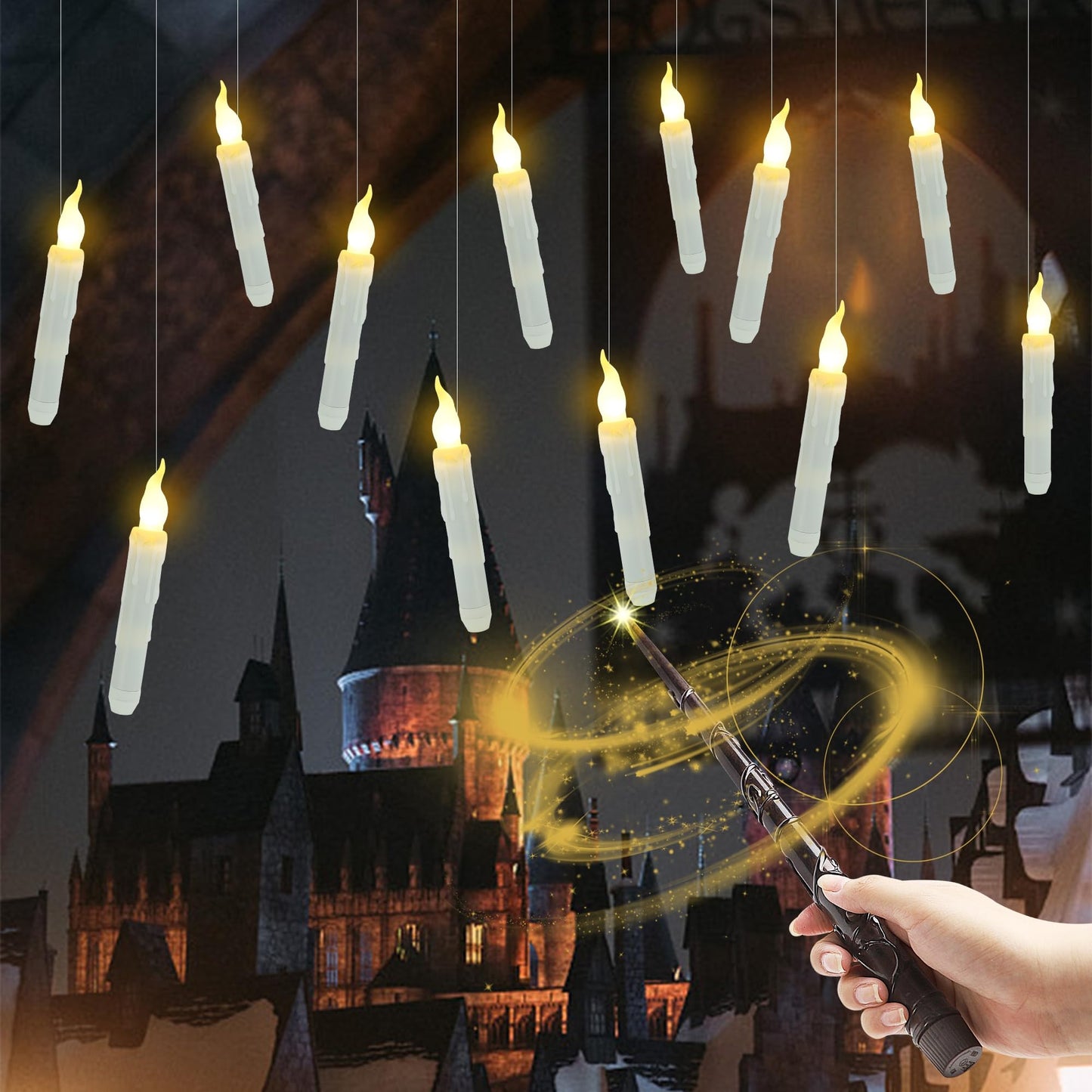 Treewoll 12pcs Flameless Floating Candles with Wand Remote, 6.7" L Battery Operated Flickering Candles with Hanging Wire for Ceiling Dining Table Wedding Magic Themed Parties Halloween Decorations