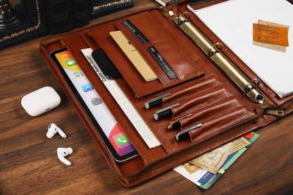 Handmade Leather Portfolio Binder - 3 Ring Binder Portfolio Genuine Leather Business Padfolio, Personlized Legal Pad Folio Folder for Lefty & Righty - Oil Brown