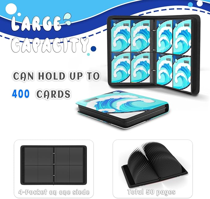 Trading Card Binder 4 Pocket,Card Binder 400 Pockets,Card Book Holder Cards with 50 Removable Sleeves,3-Ring Zip Design MTG/TCG/Sport Collectible Trading Card Albums Gifts for Boys and Girls(Water)