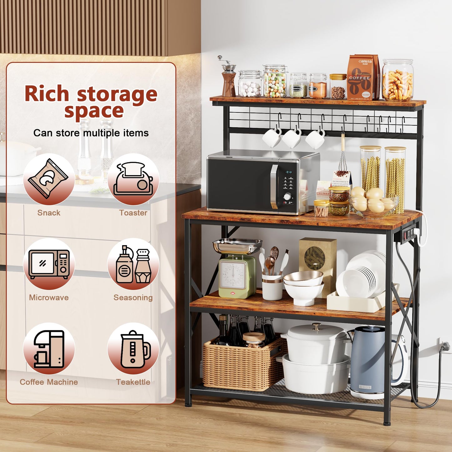 Furologee Kitchen Bakers Rack with Power Outlet, Microwave Oven Stand with Storage 4 Tiers, Coffee Bar Table with 6 S Hooks, Kitchen Storage Shelf Rack for Spices, Pots, Rustic Brown