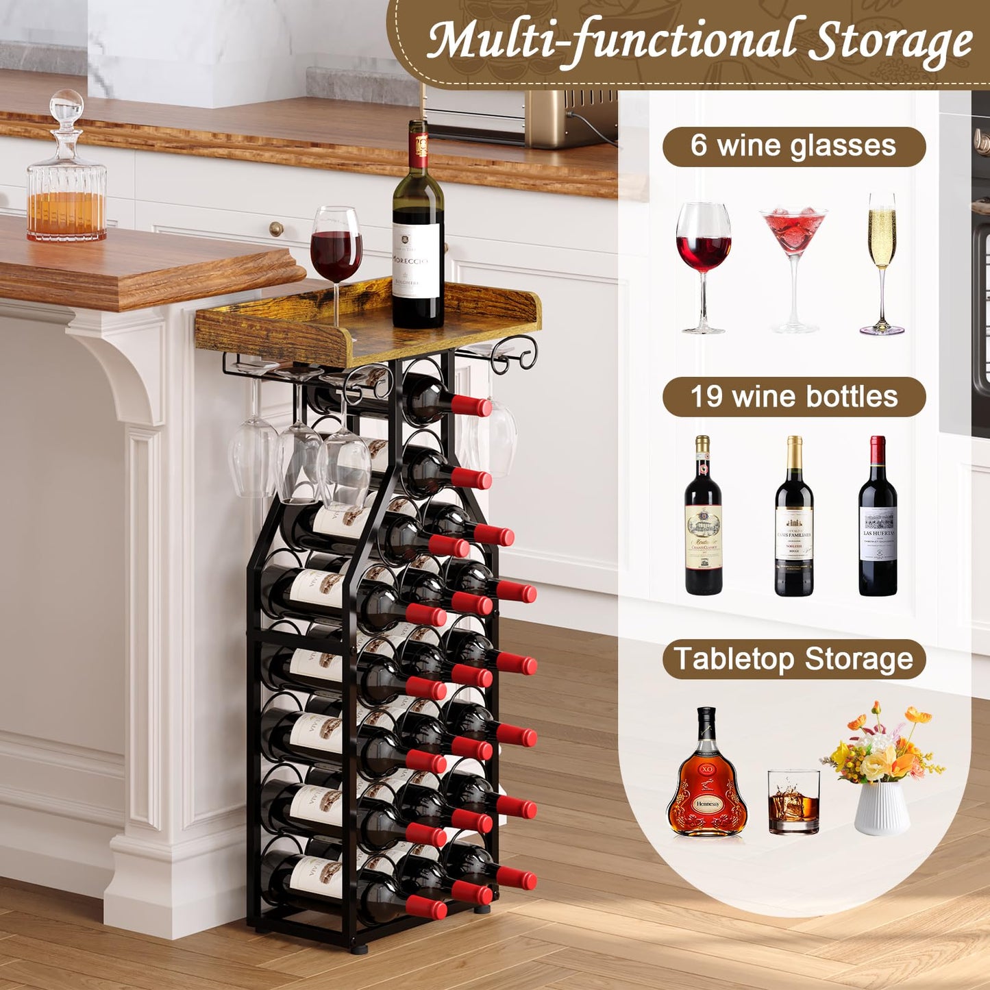 X-cosrack Wine Rack Freestanding Floor, Wine Storage Rack Mini Bar Table with Tabletop, Glass Holder Wine Bottle Display Stand Liquor Cabinet for Home Bar Kitchen Living Room