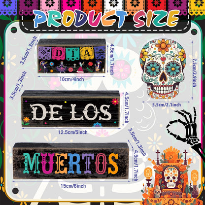 Lineshading 4 Pcs Day of The Dead Table Decorations Day of The Dead Centerpiece for Table Dia De Los Muertos Tiered Tray Decor Wood Sugar Skull Block Signs for Halloween Party Home Shelf Decoration