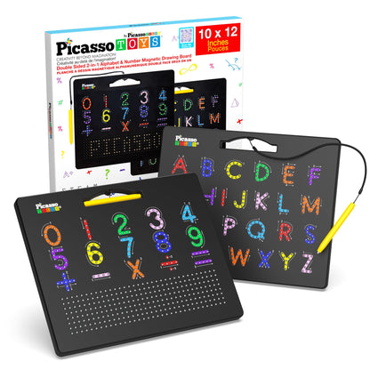 PicassoTiles 2in1 Magnetic Drawing Board Toy 12x10 In Large Magnet Bead Pad with Alphabet and Math Side in Black STEM Educational Writing Playboard Reusable Erasable Learning Tablet for Kids PTB02-BLK