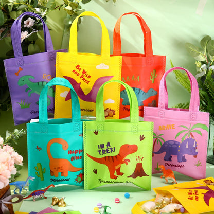 Tallew 24 Pieces Dinosaur Party Favor Bags Dinosaur Birthday Party Supplies Dino Goodie Treat Candy Gift Bags Non Woven with Handles Reusable for Birthday Decorations