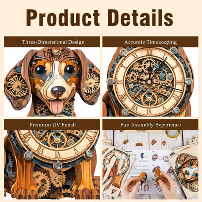 3D Wooden Puzzles for Adults, Dachshund Clock with Pendulum Model Kit, 3D Puzzles for Adults Room Home Decor DIY Wall Clock Kit, Holiday Birthday Christmas Day Gifts for Men Women Teens