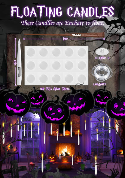 Dreacompy Halloween Decoration, Floating Candles with Wand, 10 PCs Flameless Magic Hanging Candles with 11 AAA Battery, Flickering Warm Light Floating LED Candle Taper Candle Set Birthday, Xmas Gift