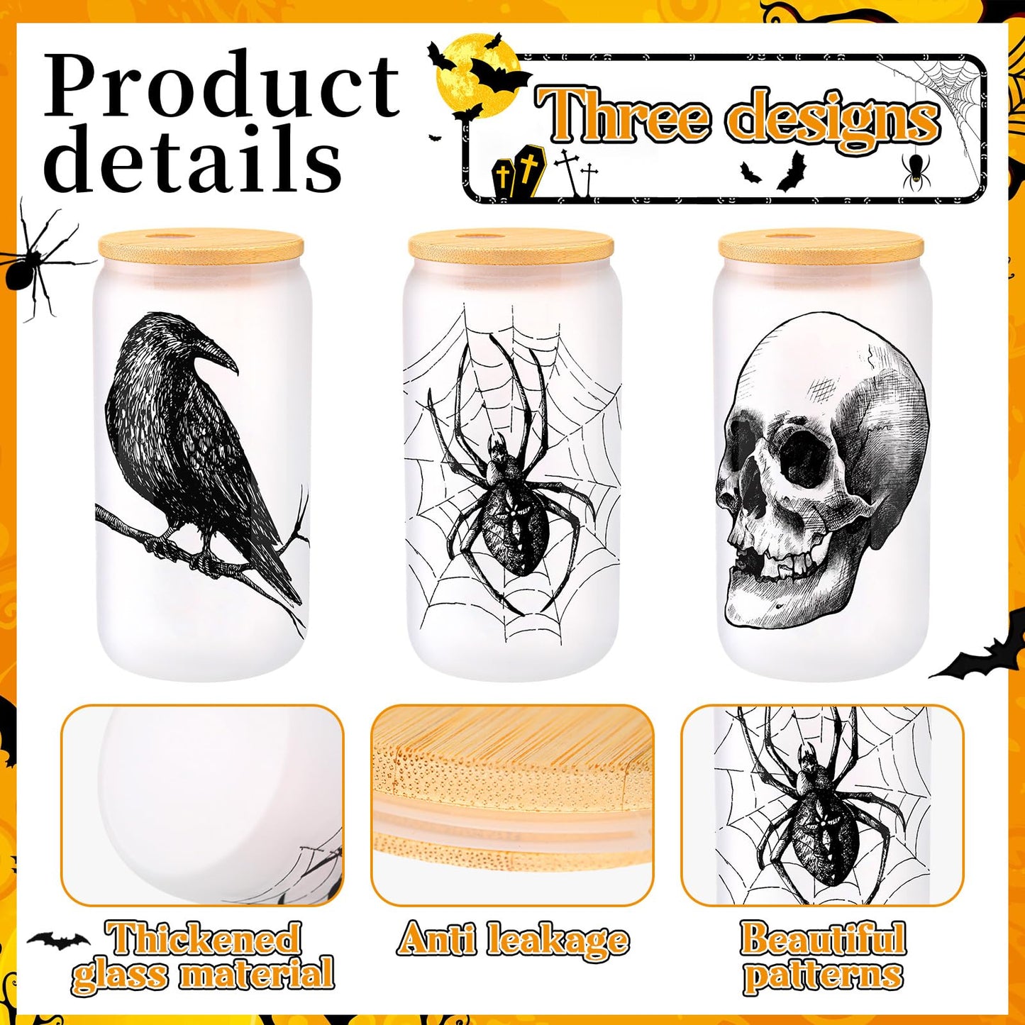 SiliFine 3 Pcs Gothic Christmas Spooky Drinking Party Glasses 16 Oz Goth Spider Web Skull Crow Iced Coffee Cups With Lid Straws Christmas Birthday White Elephant Gifts For Girls Friends